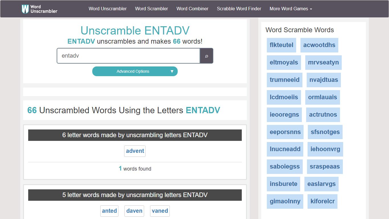 Unscramble ENTADV - Unscrambled 66 words from letters in ENTADV